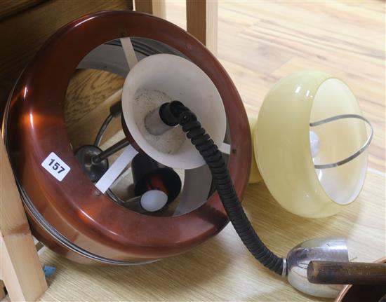 A 1960s wood and plastic chair and two 1960s ceiling lamps and a stool